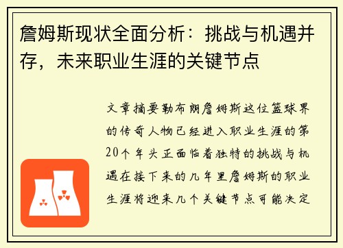 詹姆斯现状全面分析：挑战与机遇并存，未来职业生涯的关键节点